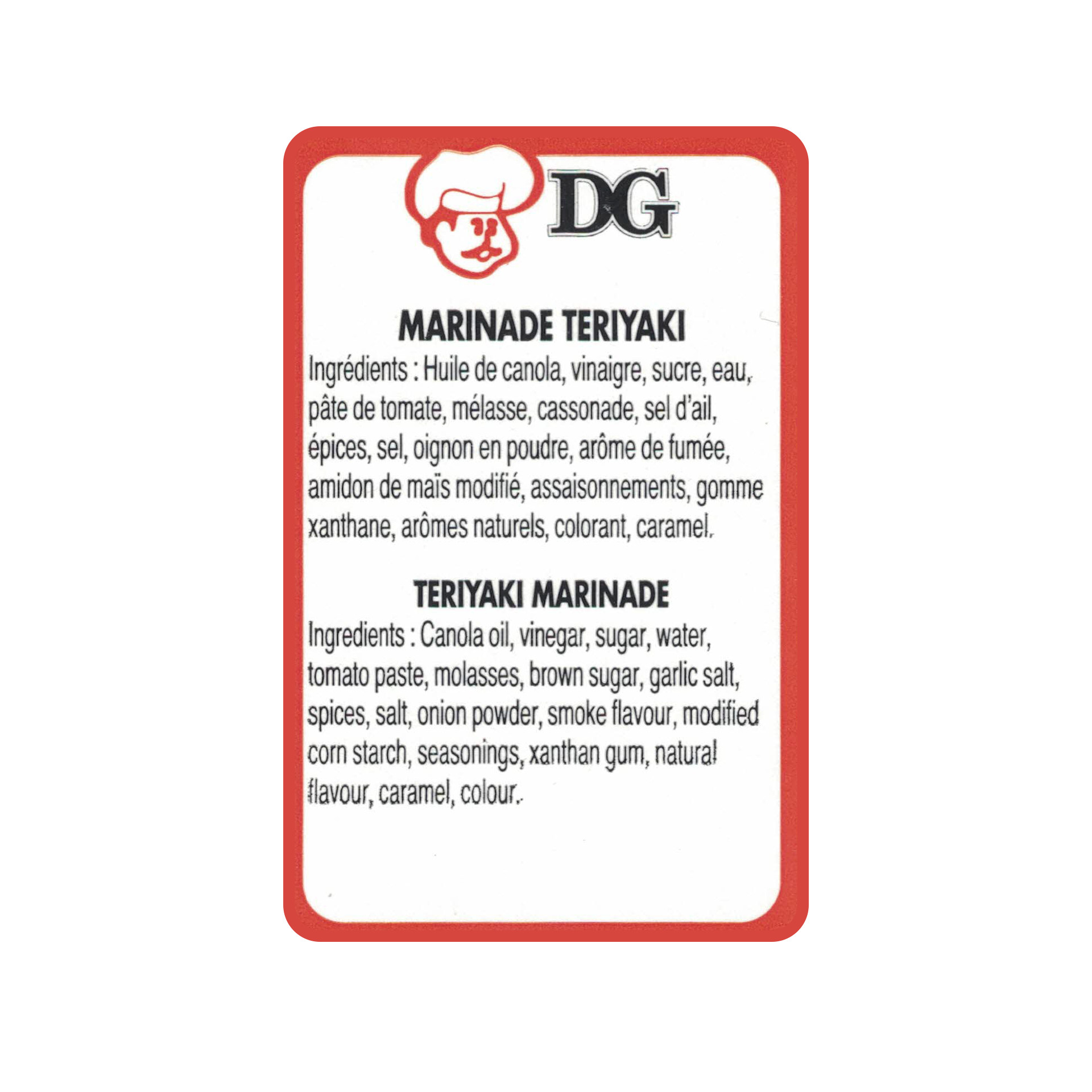 Ingredient labels - Teriaky Marinade